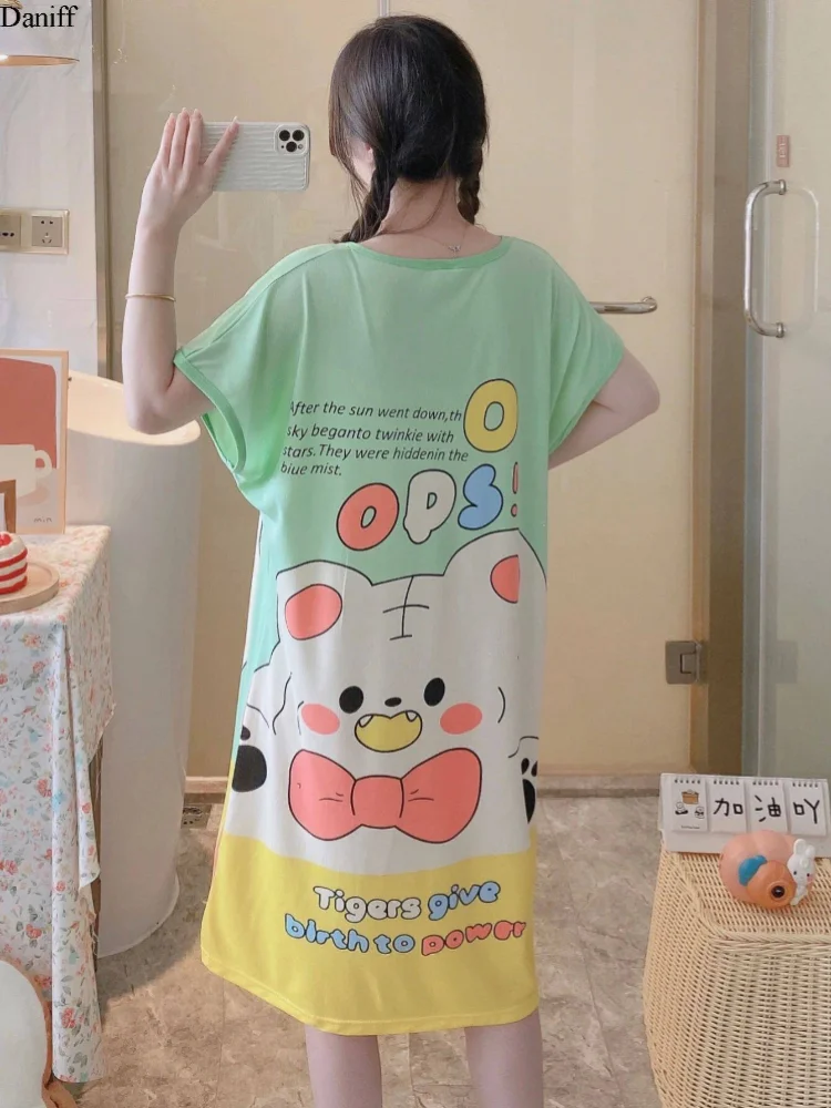 Camisón de Dibujos Animados para Mujer, Bonito y Moderno, Vestido Cómodo de Manga Corta, Ropa de Dormir de Poliéster, Talla Grande, Holgado