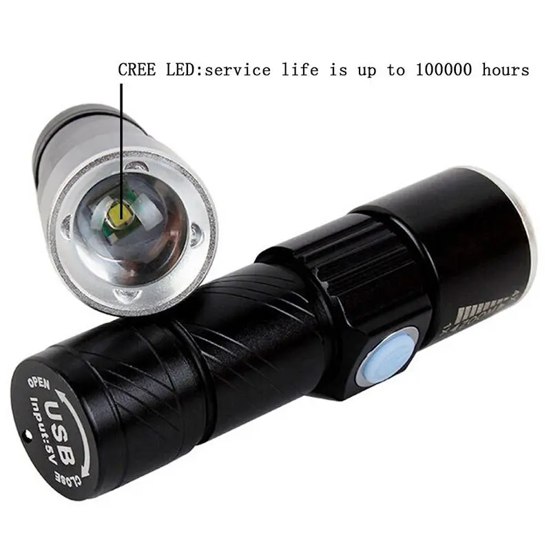 ไฟฉาย LED ชาร์จไฟ USB ขนาดเล็ก, 3โหมดแสงไฟฉายกลไฟจักรยานแบบซูมได้สำหรับกลางแจ้งฉุกเฉิน