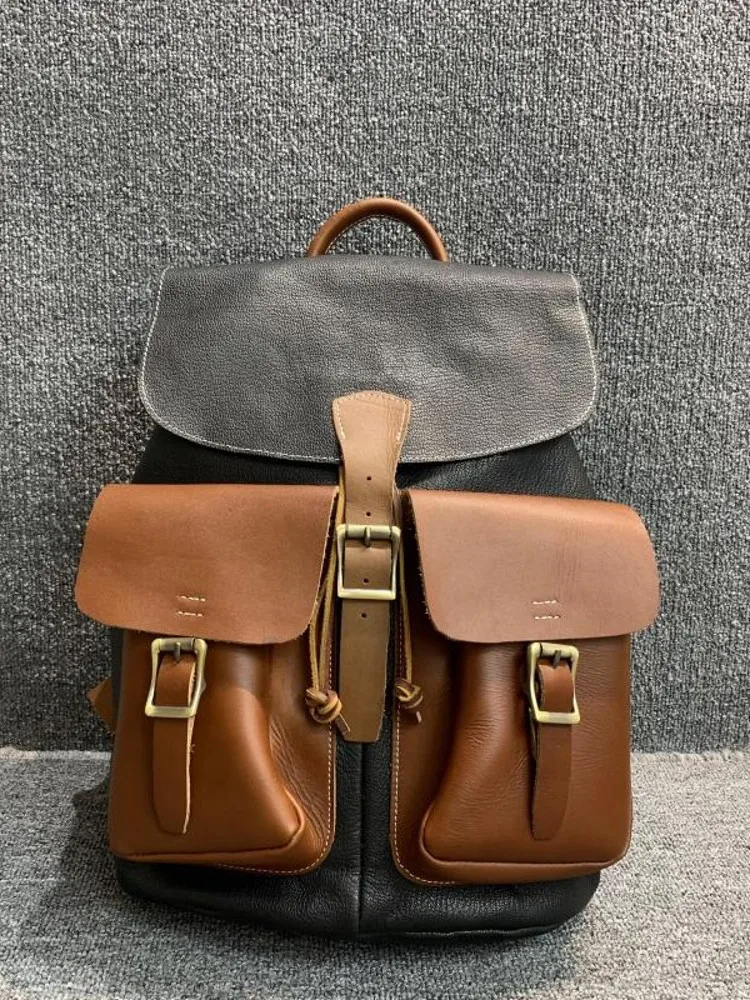 Vintage Men Travel Bag Large Capacity Multi Pockets Cowhide Genuine Leather Backpack Unisex Satchel Double Shoulder Schoolbag