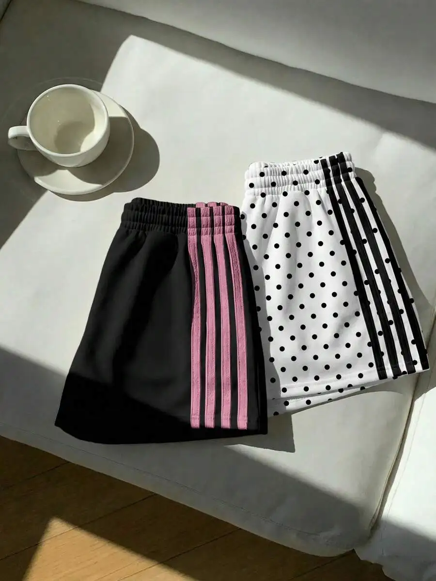 

Women Casual Retro Polka Dot And Striped Loose Shorts With Knit Waistband For Outing Home Sports Yoga
