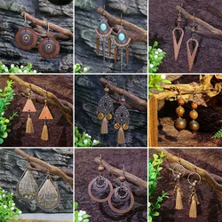 Bohemian Ethnic Wood Bead Tassel Earrings for Women Retro Creative Unique Geometric Dangle Earring Pendientes Mujer Jewelry Gift