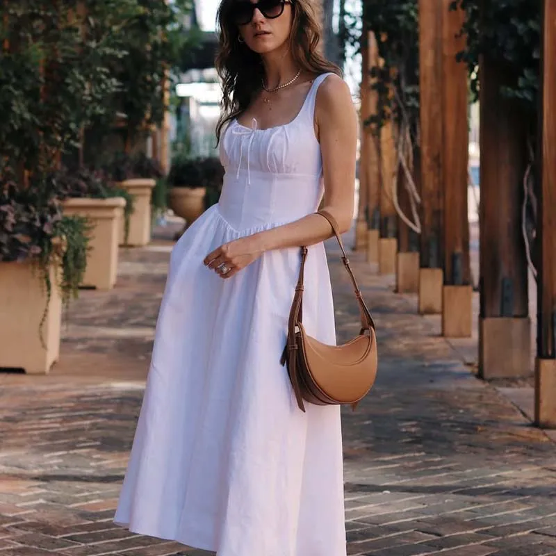 

YENKYE Sexy Elegant Women French Black White Sleeveless Dress Square Neck Low Waist Female Summer Holiday Dresses
