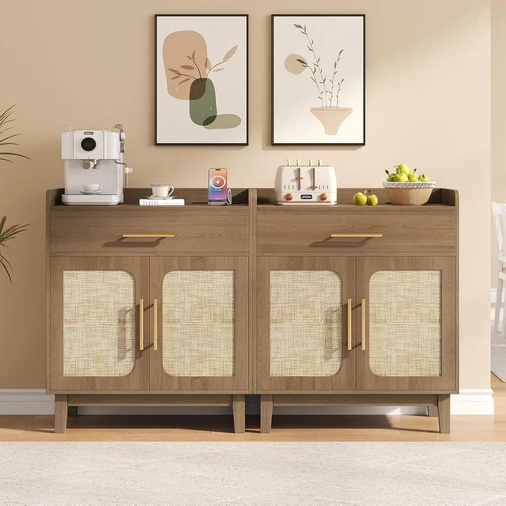 

60 Rattan Sideboard Buffet Cabinet Set of 2, Bohemian Coffee Bar with Charging Station, Wood Accent Storage for Kitchen, Living