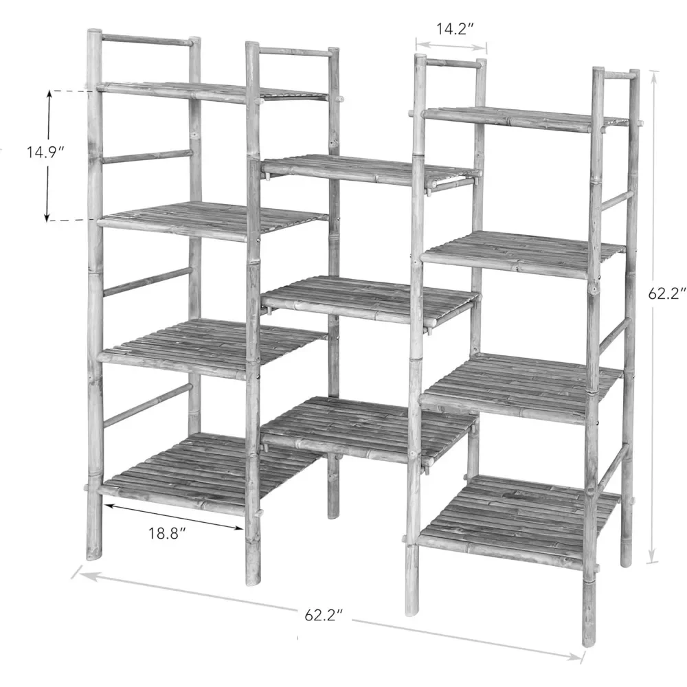 Natural Rattan Bamboo Handcrafted Multi-Purpose Freestanding Triple 4-Tier Bookcase With 11 Open Display Shelves|