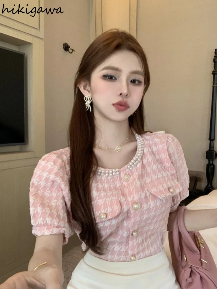 Summer Blouse Women Diamond O-neck Puff Sleeve Sweet Plaid Shirts Vintage Fashion Blouses Crop Tops 2023 Camisas De Mujer 27u113