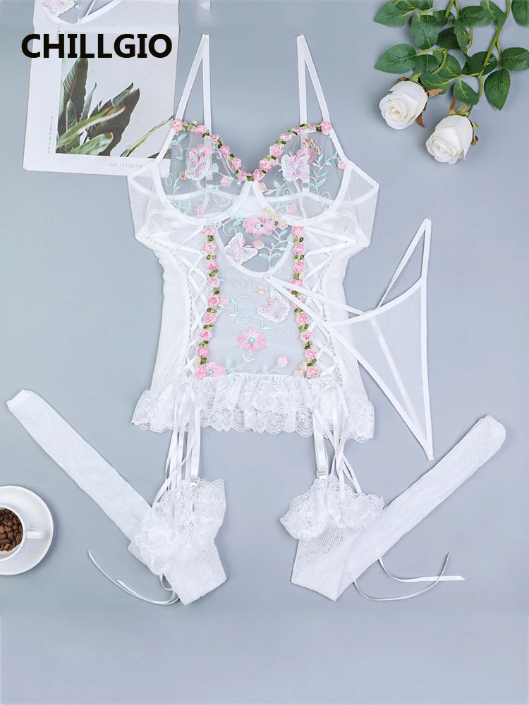 

CHILLGIO Women Transparent Embroidery Floral Bra Brief Suit Sweet Mesh Tight Lingerie Ins Erotic Set Intimate Sexy Underwear Set
