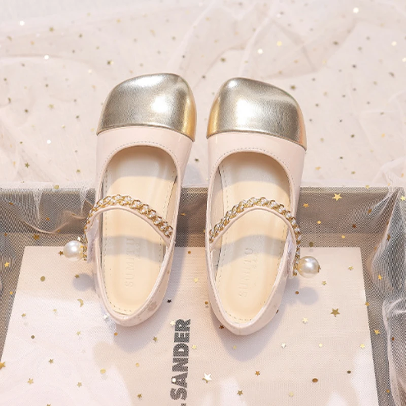 Kids Shoes Girls PU Leather Dress Shoes Spring Autumn New Pearl Princess Causal Patchwork Mary Jane Shallow Flats Single Shoes