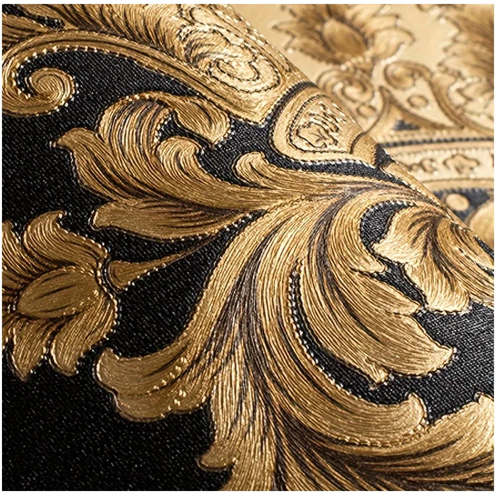 

European-Style Black Damask Wallpaper Roll – Deep 3D Embossed Texture, Elegant Stereo Pattern, Ideal for Living Room, Bedroom or
