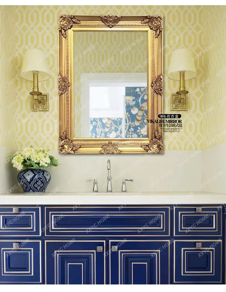 

L retro square bathroom mirror oil painting solid wood frame light luxury carved bathroom hanging mirror