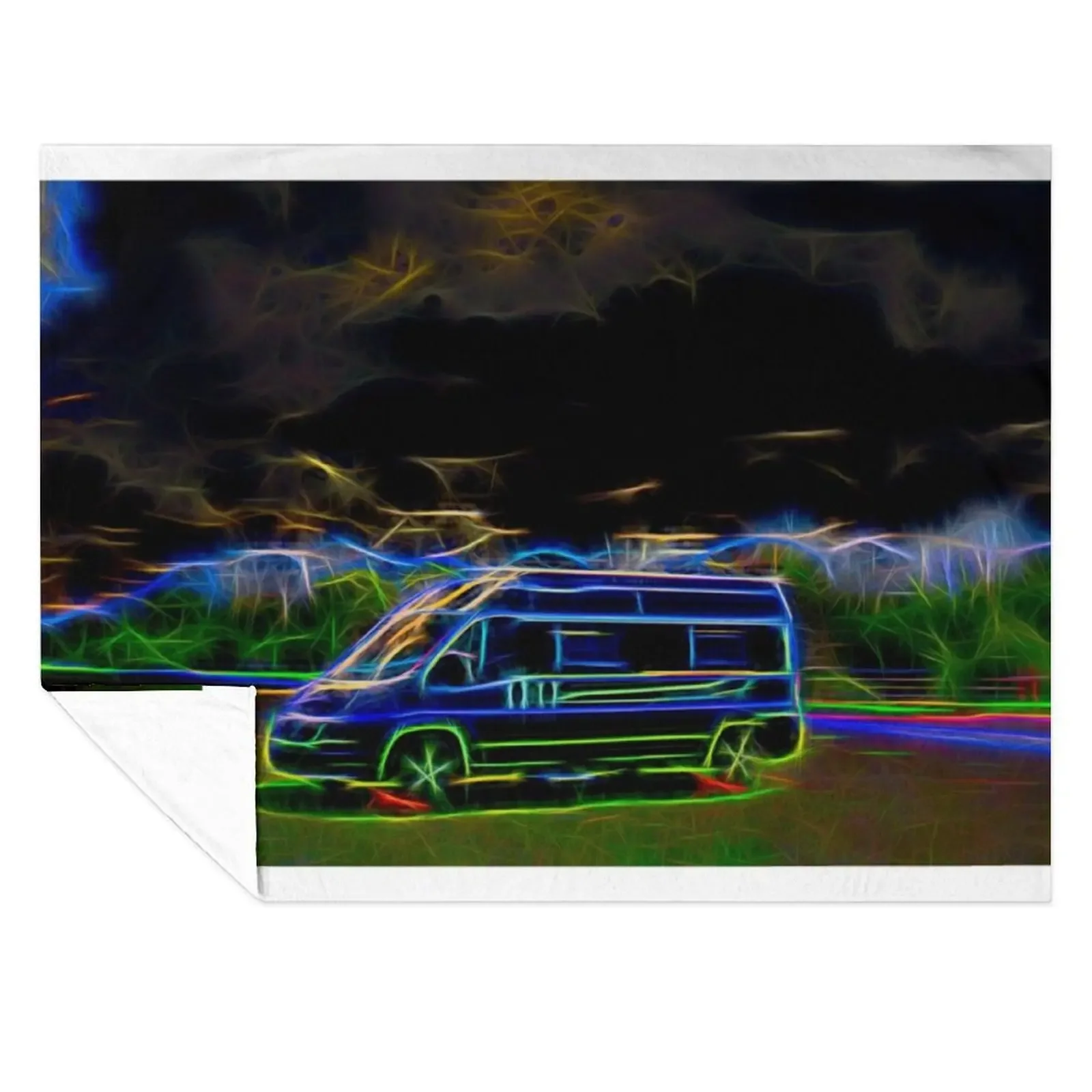 

Campervan With Weird and Wonderful Bright Colours and Neon Lights Throw Blanket Plaid on the sofa Beach Luxury Blankets