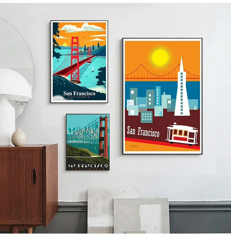 Harbour City San Francisco Travel Poster Canvas Paintings Vintage Wall Kraft Poster Coated Wall Stickers Home Decor Picture Gift
