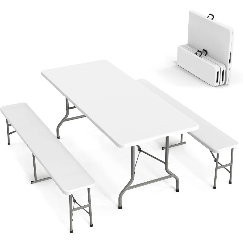 Mesa de piquenique com 2 bancos, 6 pés Camping Mesa e cadeira Set, 3 peças de mobiliário dobrável, branco