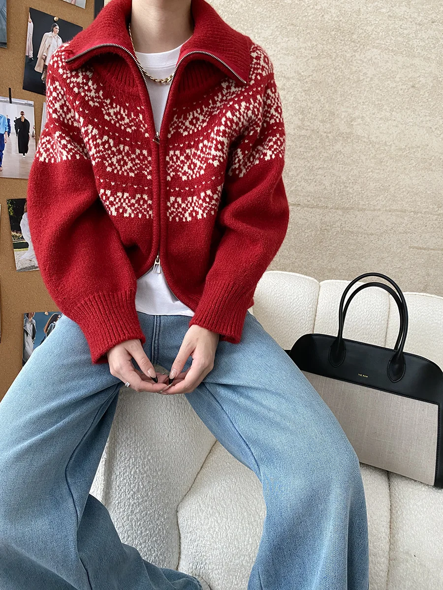 

Винтажный жаккардовый вязаный свитер Fair Isle, кардиган, пальто Bobho, женская осенне-зимняя свободная повседневная трикотажная рождественская куртка на молнии на молнии