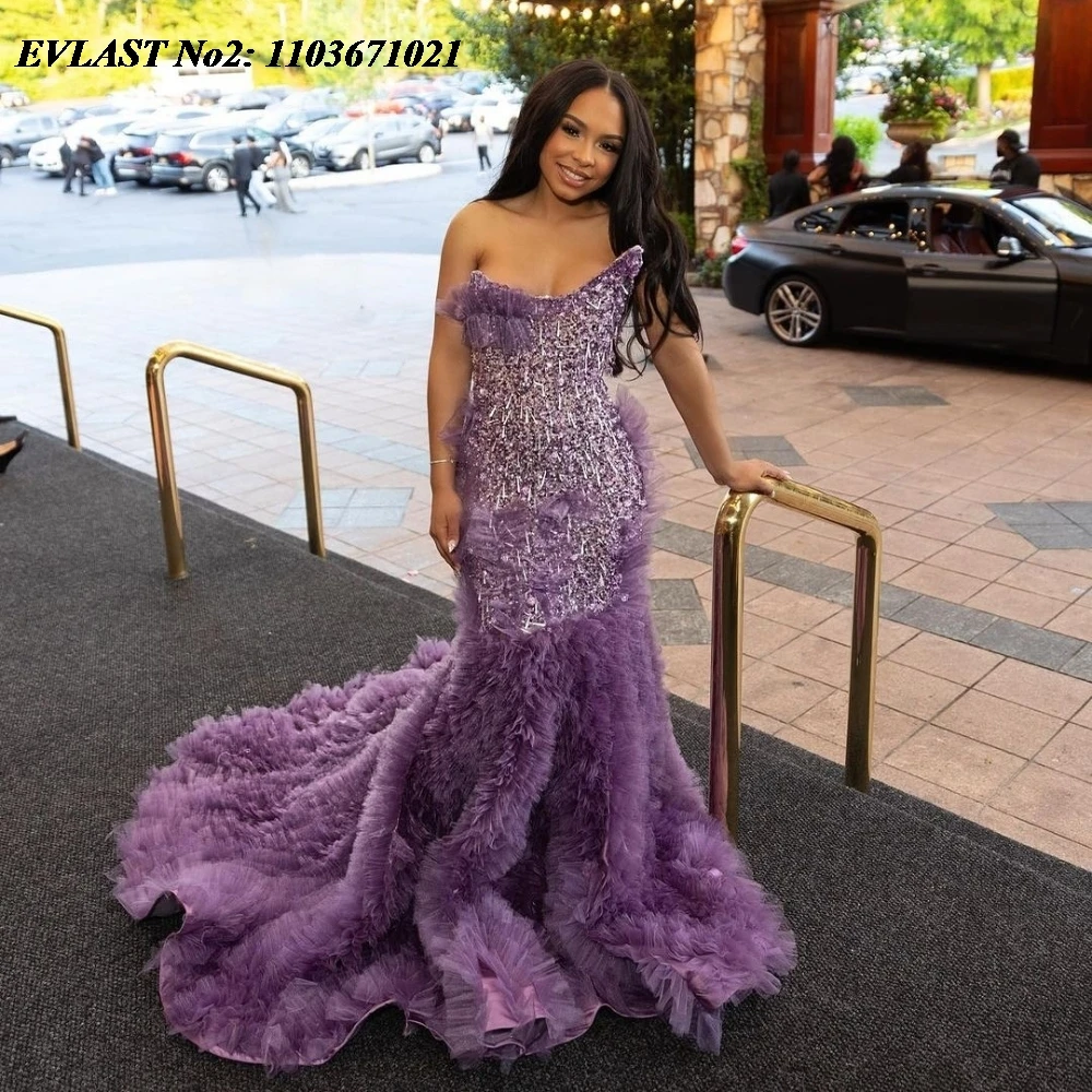 EVLAST ที่กําหนดเอง Sparkly สีม่วง Sequins Mermaid PROM ชุดสําหรับสาวสีดํา 2025 Ruffles คริสตัลลูกปัดชุดราตรี E2P42