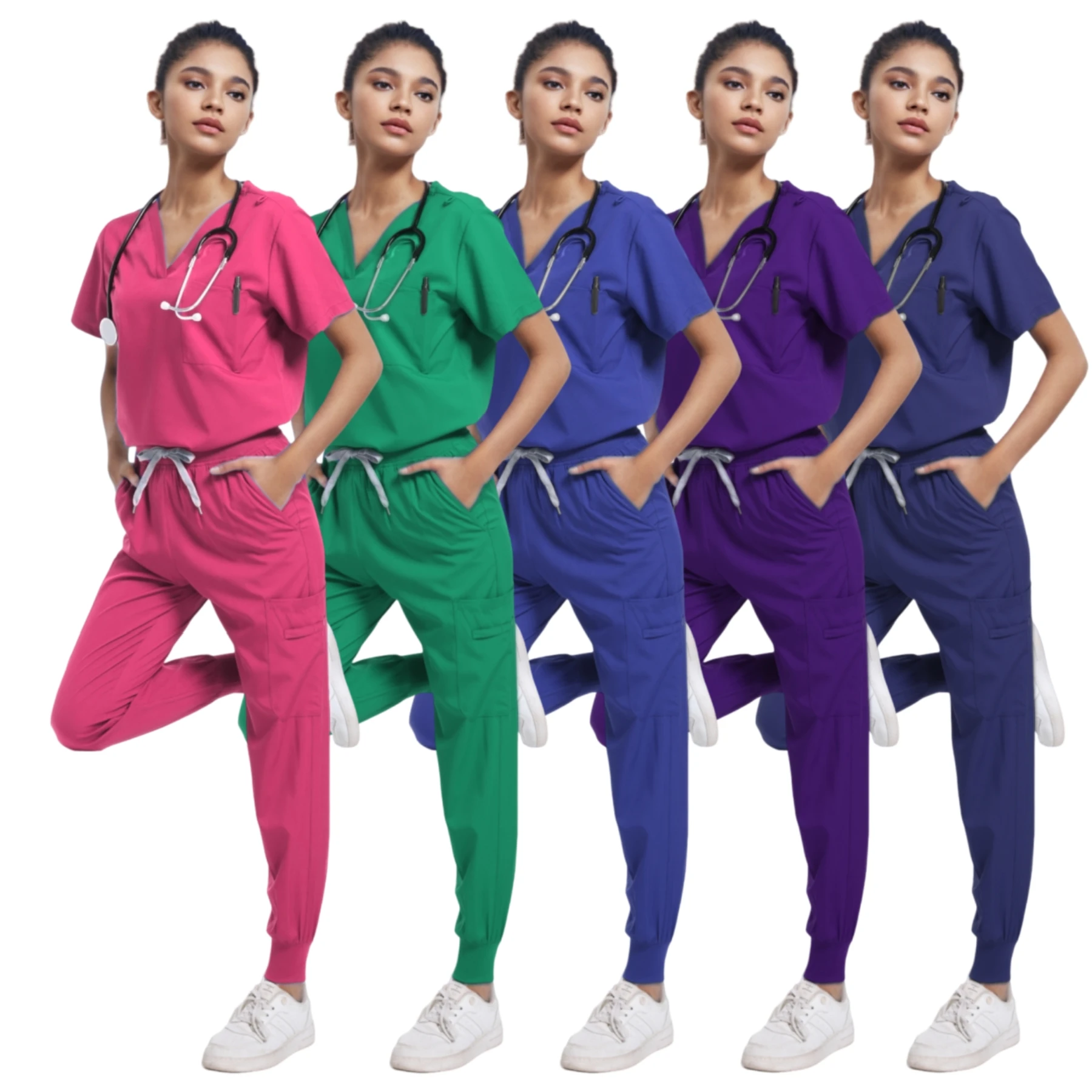 

Women Medical Uniforms Scrubs Sets Hospital Surgical Gowns Short Sleeve Tops Pant Nursing Accessories Doctors Clothes Work Wear