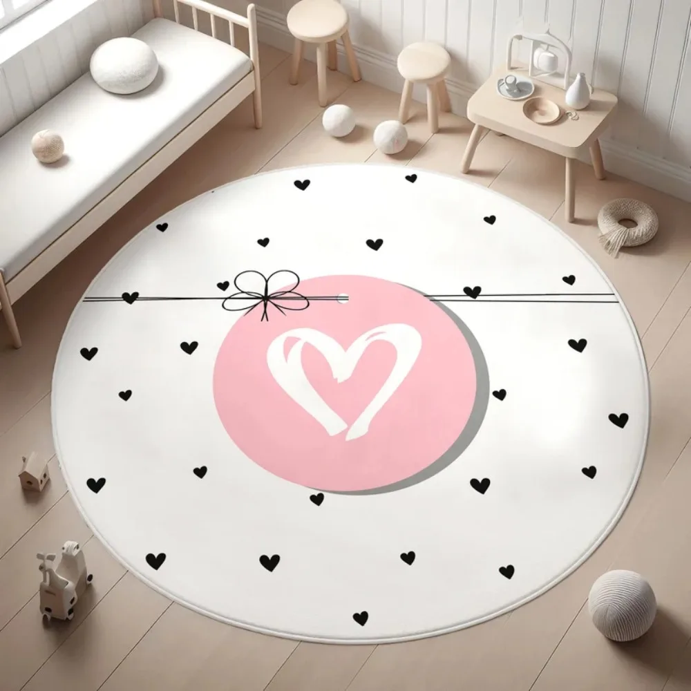 Pink Heart Polka Dot Round Kids Rug Girls Nursery Carpet Bed