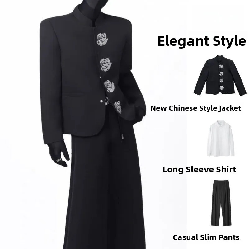 

Черный мужской пиджак с воротником-стойкой, декорированный розами и стразами, с подплечниками, в китайском стиле, для создания элегантного повседневного спортивного образа