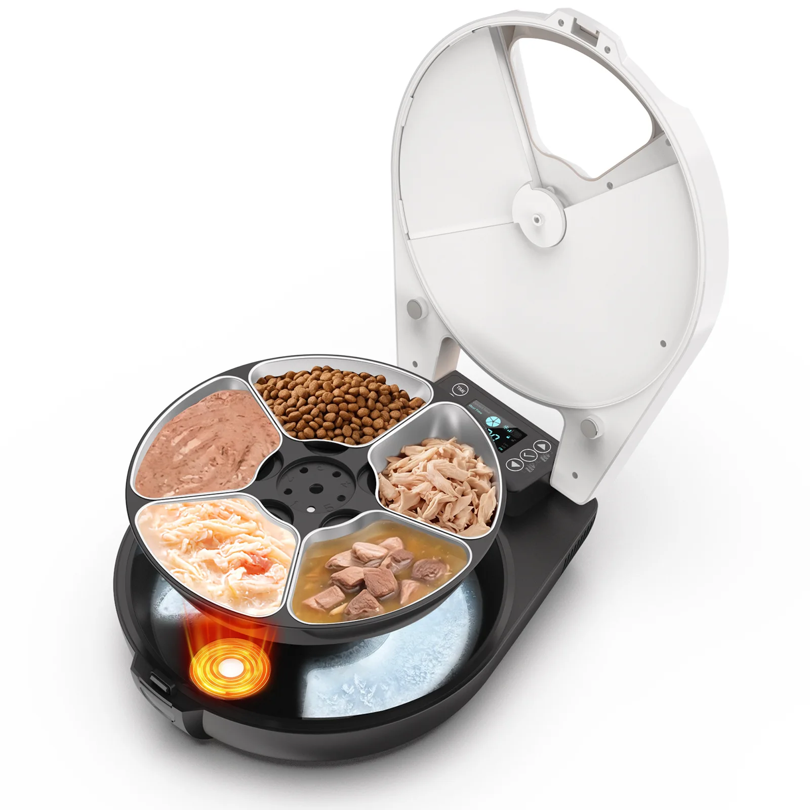 Automatic wet food feeder, with both cooling and heating functions, stainless steel tray design, and timed feeding capability
