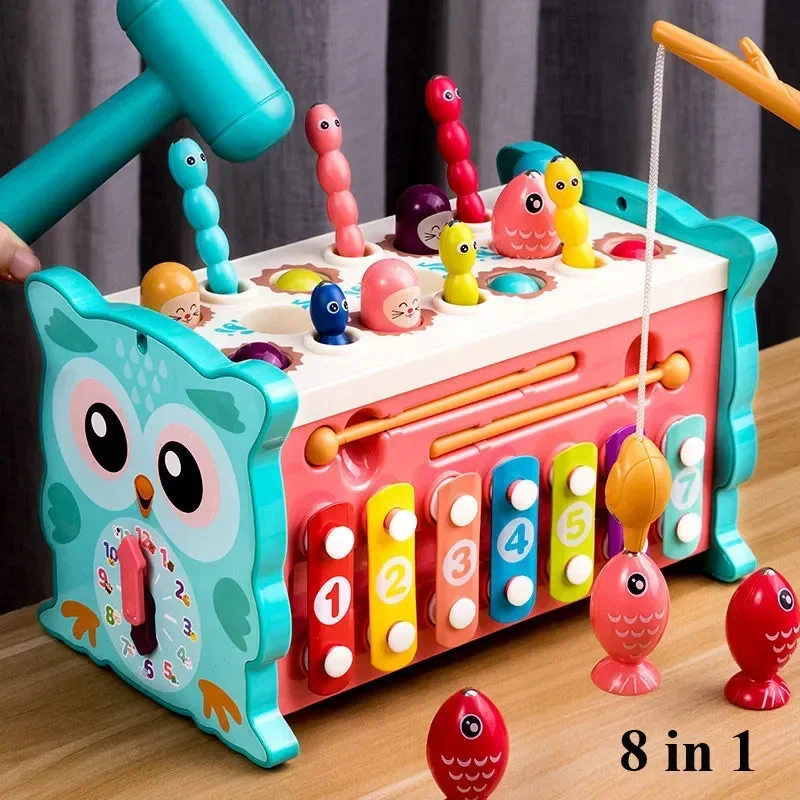 

New Baby Montessori Toys Magnetic Fishing Owl Cube Learning Educational Clock Hammer Game with Music Puzzle for Kids Gift