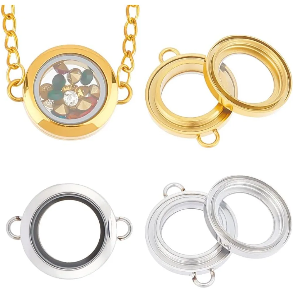 

2 pcs 2 Colors Glass Photo Charms Round Floating Lockets Connector Charms 24.5x6mm Memory Locket Links Titanium Steel Pendant