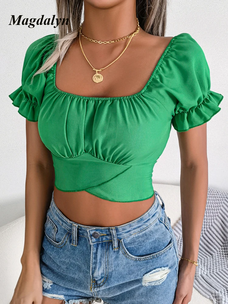 Magdalyn Soild Crop Tops Women Casual Ruffle Short Sleeve Blouse Female Lace Up Bow Corset Summer Shirts Ins Korean Style Shirts