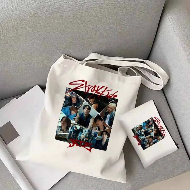 2pc Retro Stray Kids ATE Album Graphic Tote Bag Stray ChkChkBoom Canvas Bag Stray Kids Kpop Fashion Shoulder Bag Women Tote Bag