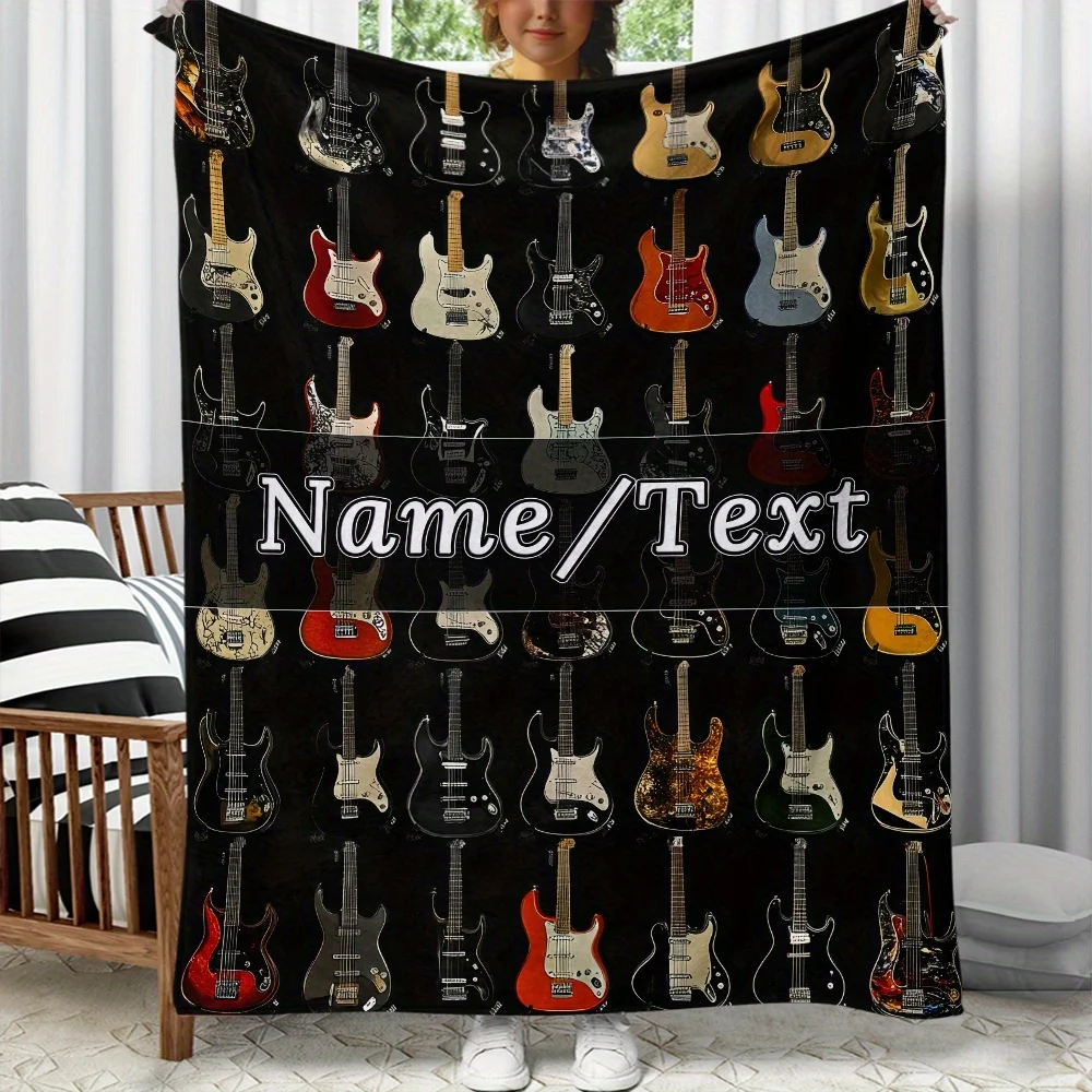 【 Soft Texture 】 Customizable guitar print flannel blanket with soft and lightweight parabolic shape, featuring a vibrant guitar