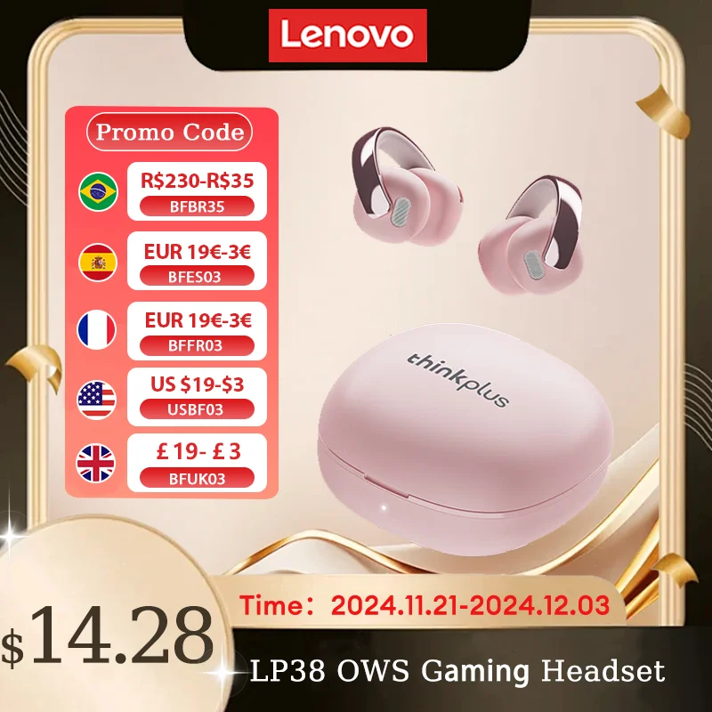 NEW Lenovo LP38 OWS Wireless Bluetooth 5.4 Earphones Ear Clip Smart Noise Cancellation Earbuds Game Music Dual Mode Headsets