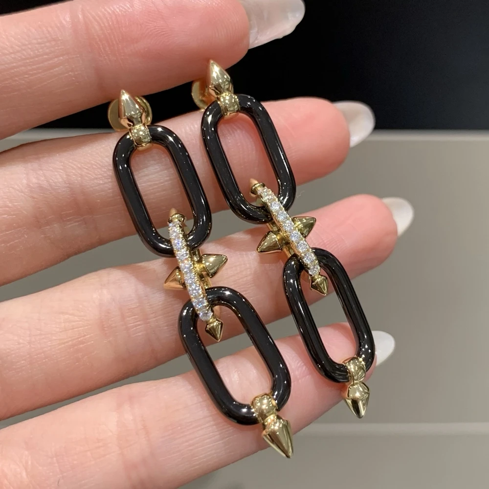 

KQDANCE Solid 925 Silver High carbon Diamond Black Enamel Long Rivet Earrings 18K Gold Plated Fine Jewelry For Women Anniversary