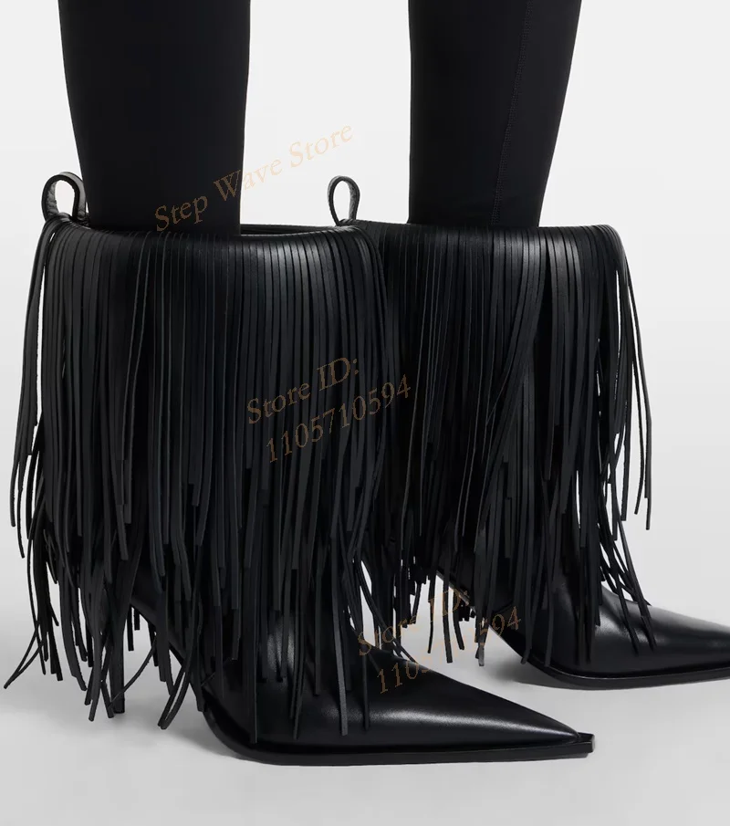 Tassel Pointy Toe Ankle Booties Black Matte Leather Slip On Runway 2026 Trending Winter Autumn Women Dress Shoes New Arrivals