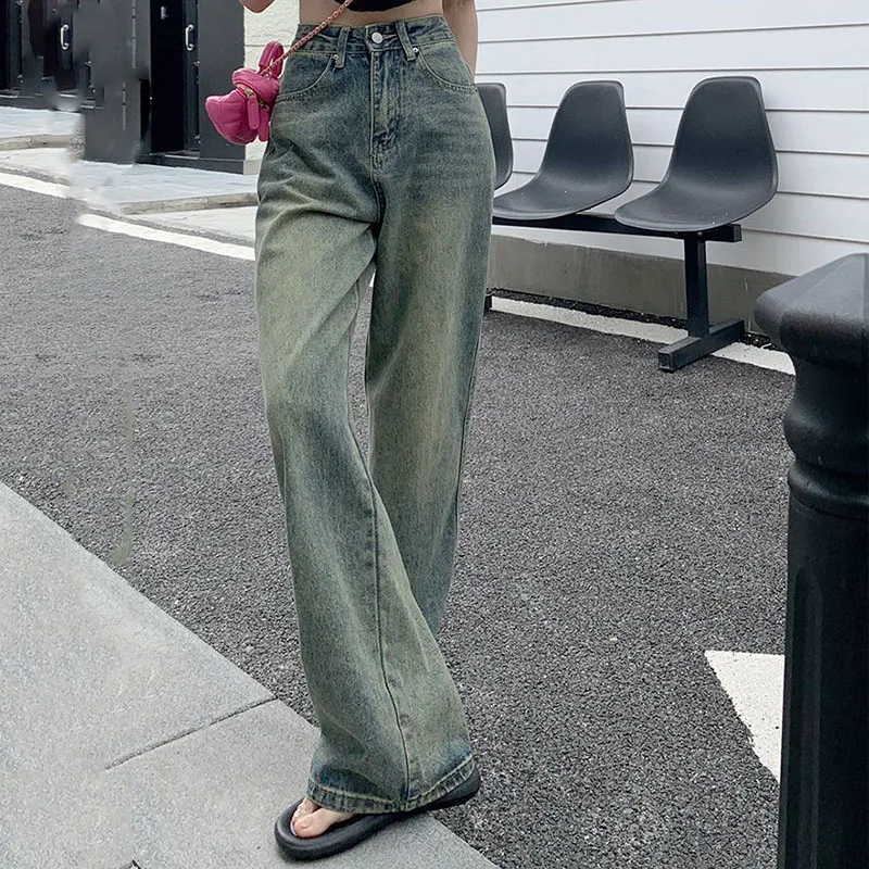 Lucyever Women Vintage Lengthen Straight Jeans Korean High Waist Washed Denim Pants Woman Streetwear Loose Wide Leg Trousers