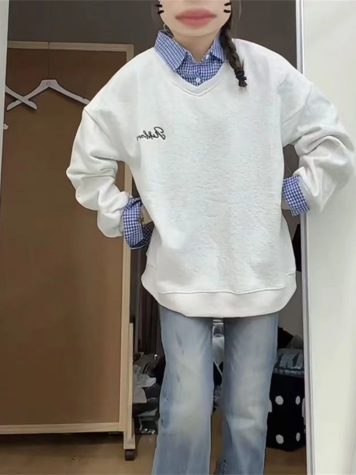 

Толстовка с капюшоном Thiened Fce и вышитыми буквами в стиле пэчворк, свободная посадка для женщин, повседневная одежда для колледжа