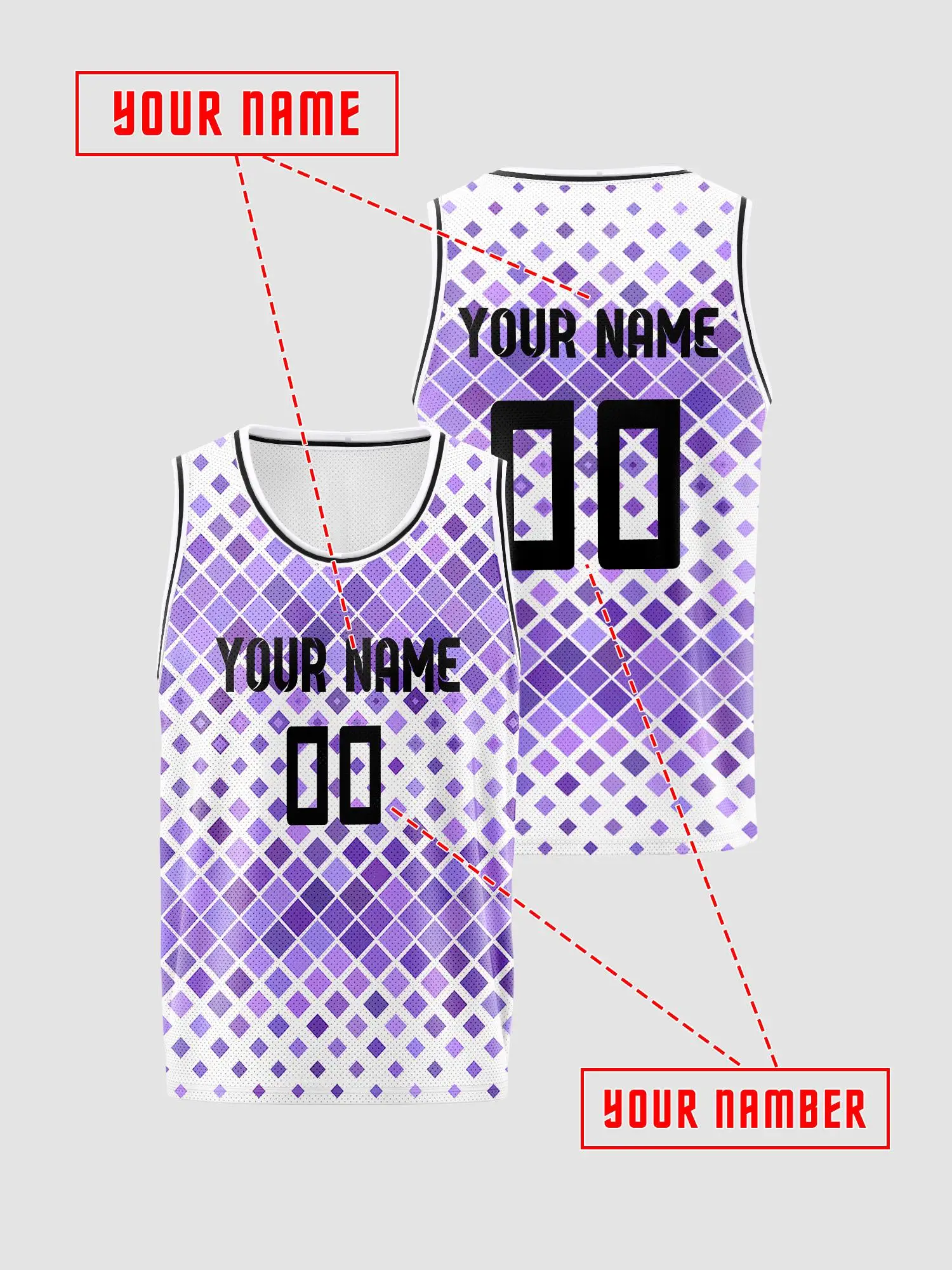 Purple‑White Diamond Grid Custom Basketball Jersey, DIY Name & Number, Breathable Quick‑Dry Set For Adults & Kids