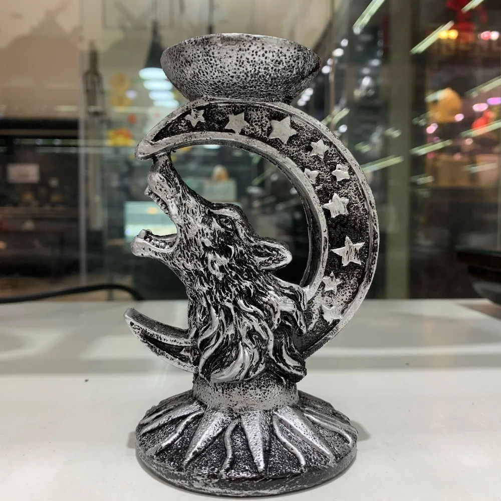 Crescent Art Wolf in Moon Roar Resin Statue Crystal Ball Base Sphere Display Stand Mystical Symbolism Decor