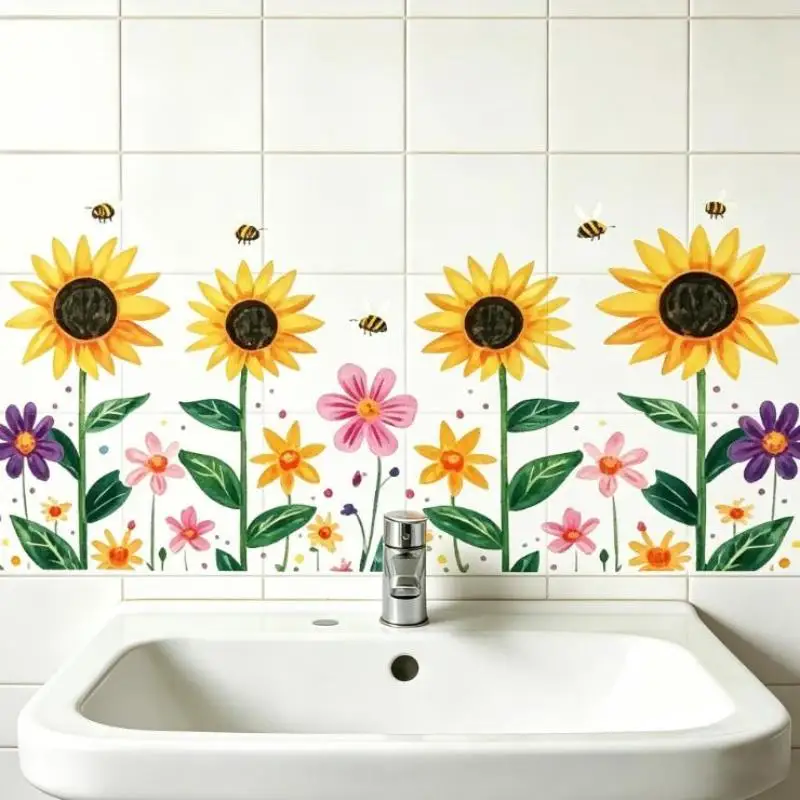 [L] Fresh Floral Pattern Sink Area Background Wall Sticker Bathroom Wall Decoration Self-Adhesive Removable Waterproof Sticker