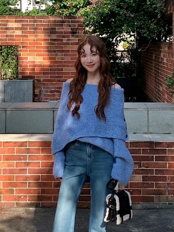 

Loose Comfortable Korean Sle Blue One oulder Women's Knitted Sweater Soft Cozy Autumn Winter New Arrival Slimming Top