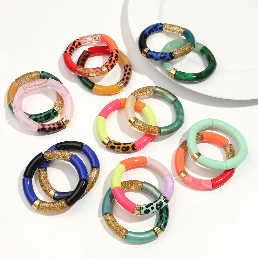 New Multicolored Bamboo Tube Acrylic Elastic Bracelets for Women Man Fashion Stack Resin Chunky Beaded Bangle Retro Jewelry Gift