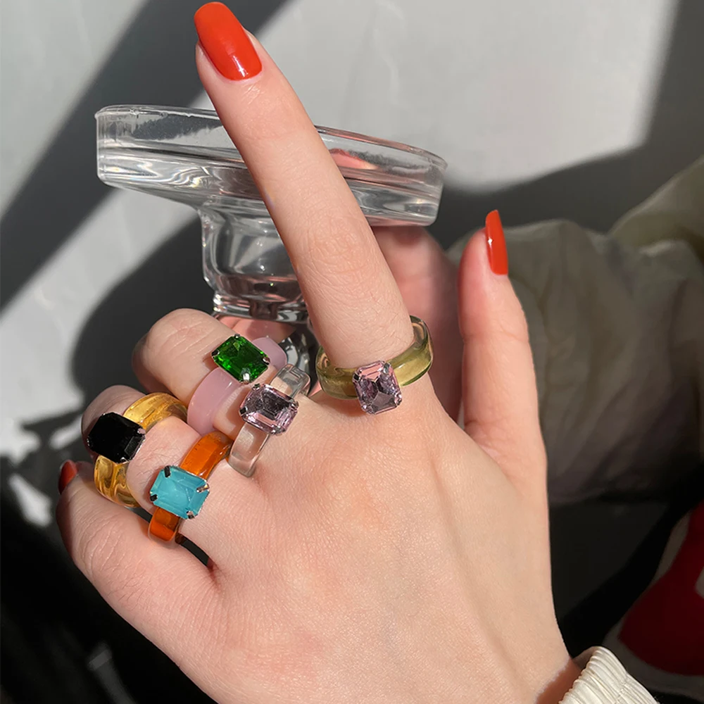 New Transparent Resin Acrylic Rhinestone Colourful Geometric Square Round Rings for Women Jewelry Party Gifts