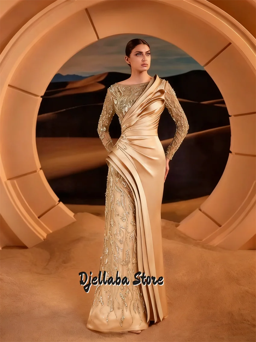 New Green Beads Long Sleeve Saudi Arabia Dress 2025 Elegant Bride Wedding Party Dress Pleat Prom Dress Evening Gown Customized image 5