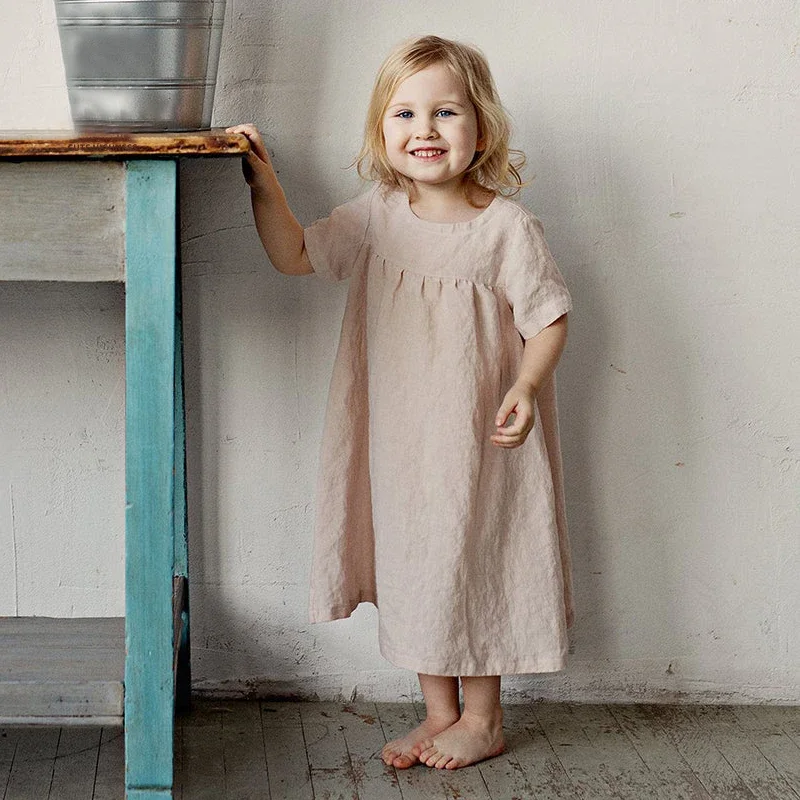 Summer Girls Round Neck Solid Color Pleated Cotton And Linen Dress New Loose Short-Sleeve Children\'s Dresses，TZ31