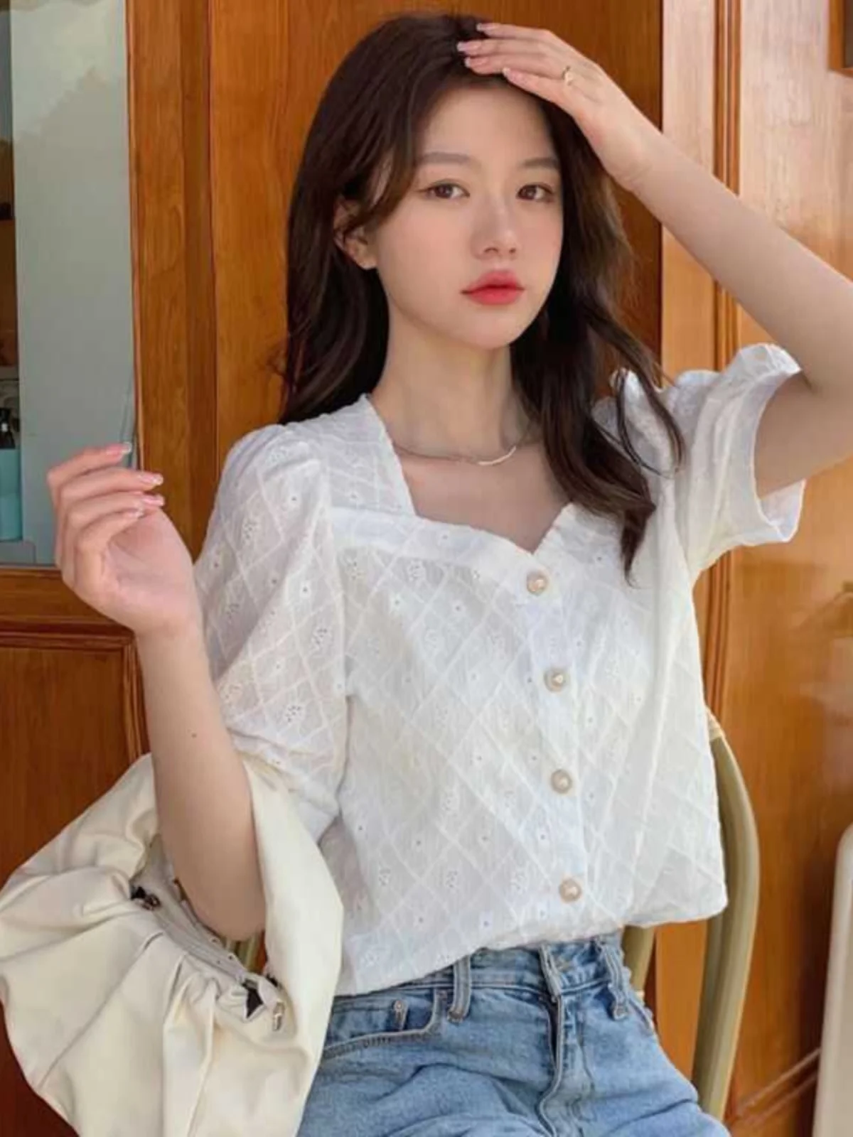 

Faionable ort Women's irt Breathable Gentle Summer New Sle Korean Loose Fit Slimming Cardigan Korean Version Bubble S...