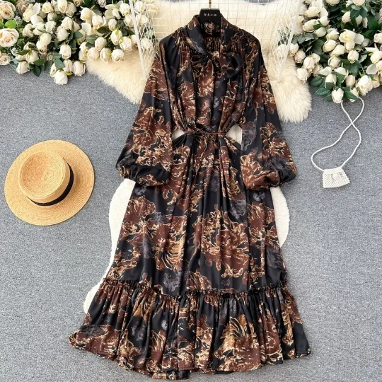 2024 Light Mature Style Elegant Maxi Dress Women Retro Temperament Lantern Long Sleeve Bow Tie Waist Up A-Line Printed Dress