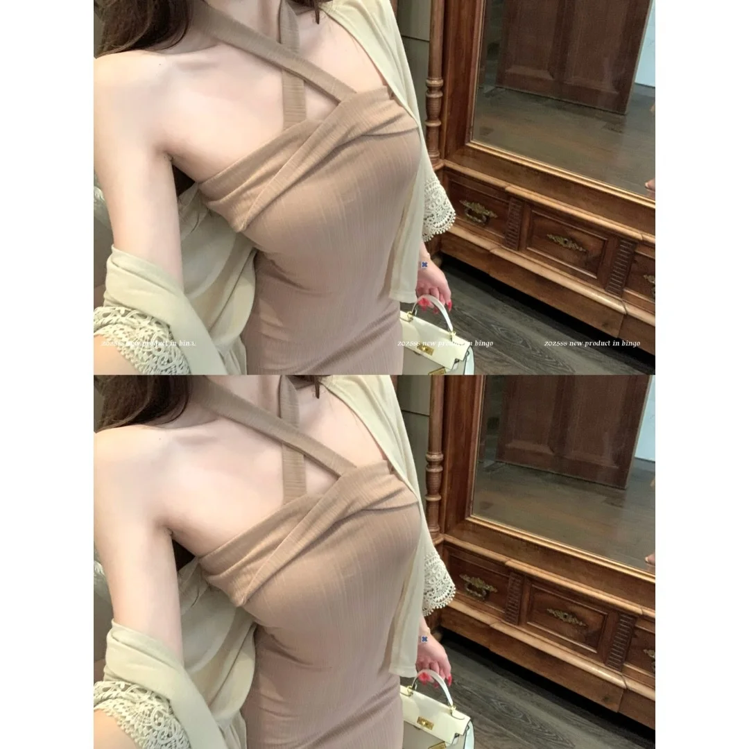 

Spring 2026 Women's Pure Desire Lightweight Luxury Atmosphere Shawl Cardigan Two-Piece Set Versatile Hanging Neck Dress