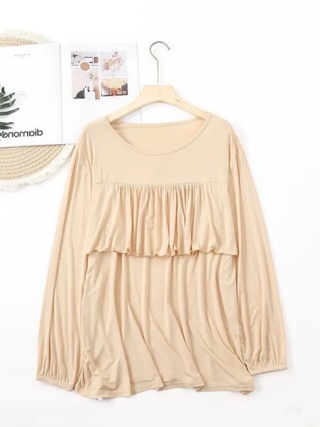 Comfortable round Neck Home Clothes Women's Sleepwear Large Size Pure Color Autumn Fashion Leaf Splicing Top 4