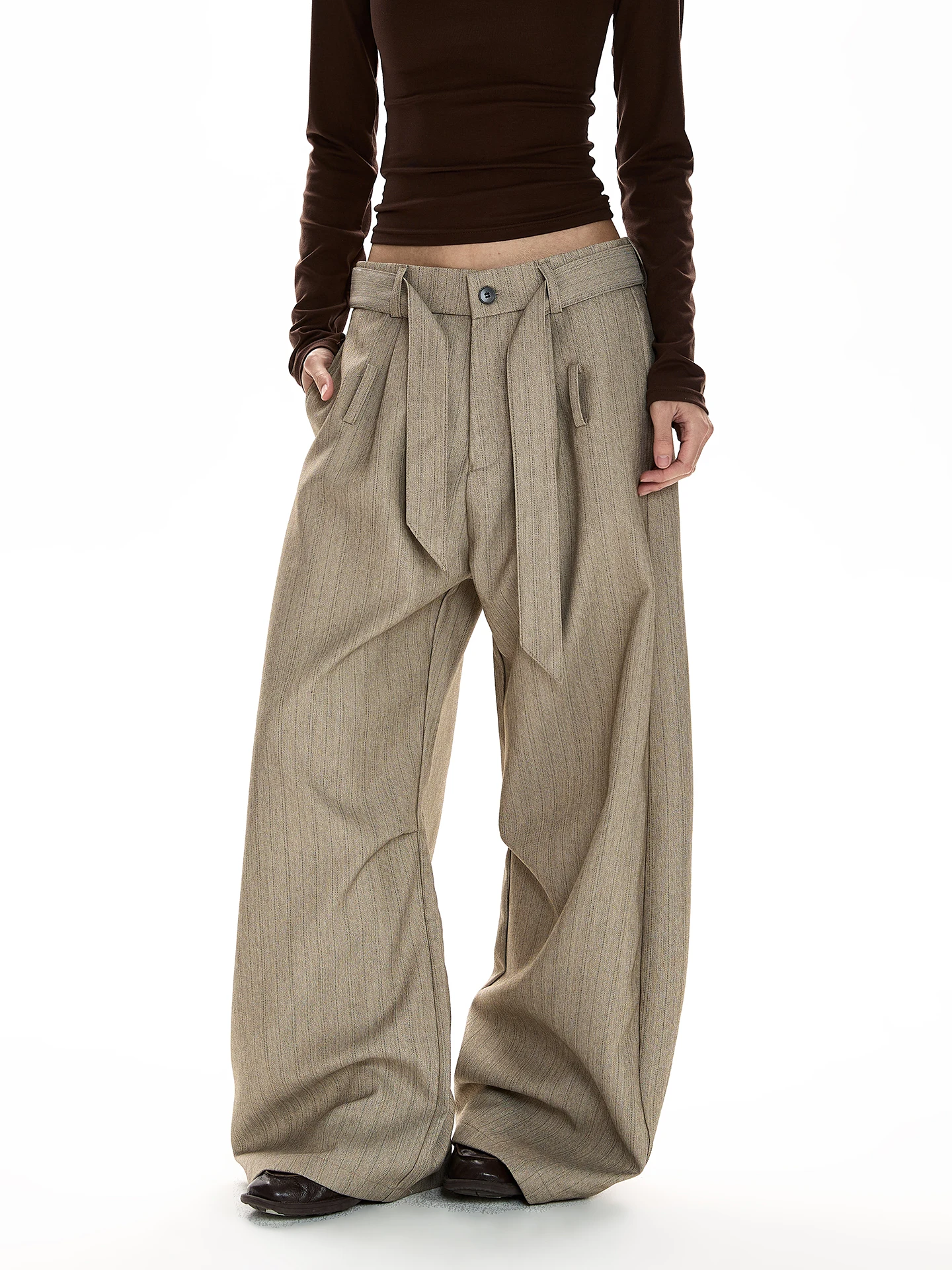 

a PUEE Retro Stripe Tie Waist Drapey Suit Pants Clean Fit Knife Slimming Casual Trousers Men's Faion Loose Straight Leg