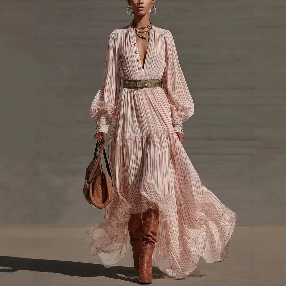 Vestido Maxi Boho a Rayas para Mujer, Estilo Vintage, Cuello en V Profundo, Cierre de Botones, Manga Larga Tipo Linterna, Bajo Fluido Retro, Vestido de Chifón para Vacaciones