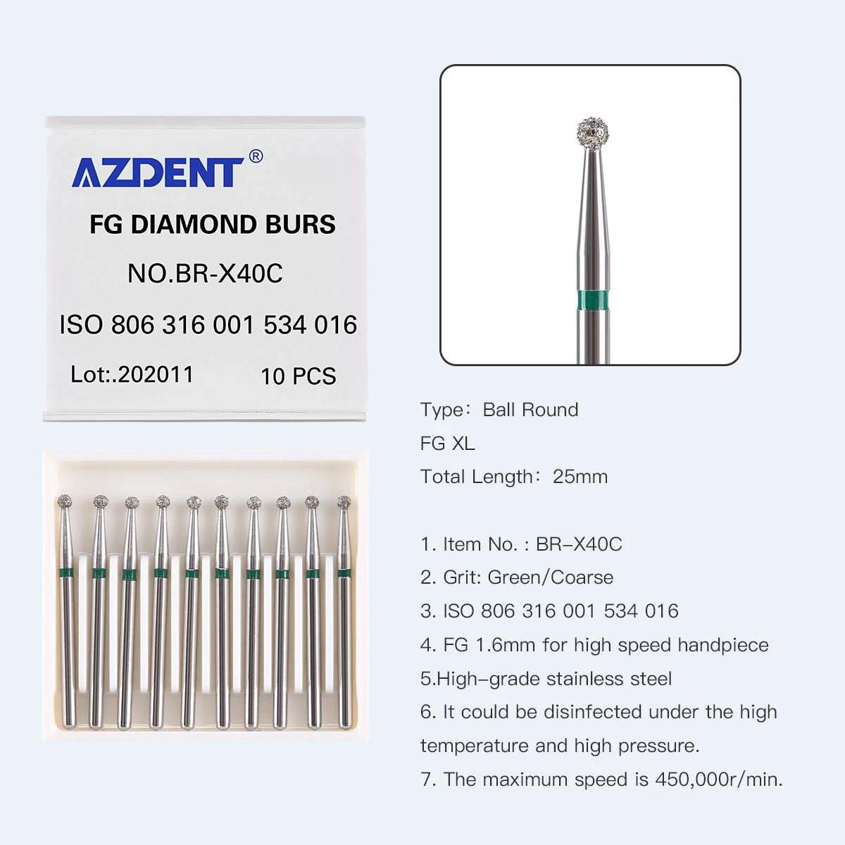 AZDENT 10 Pcs/pack Dental Diamond Bur Ball Round Stainless Steel Bur 25mm FG 1.6mm for High Speed Handpiece 450000r/min