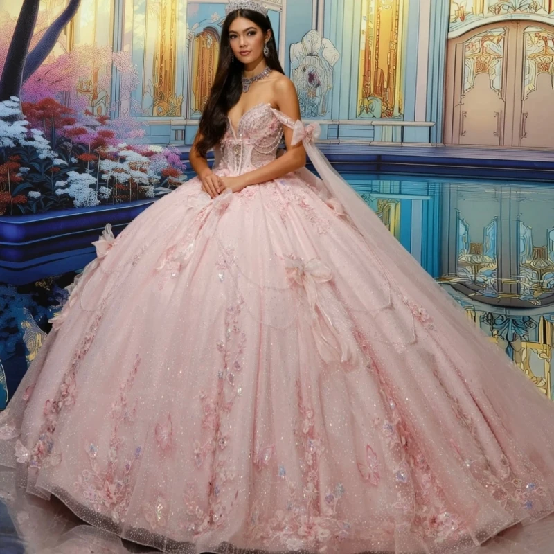 

Pink Shiny Quinceanera Dresses Ball Gown Off The Shoulder Applique Flower Beading Crystal Bow Tull Corset Party Birthday Sweet