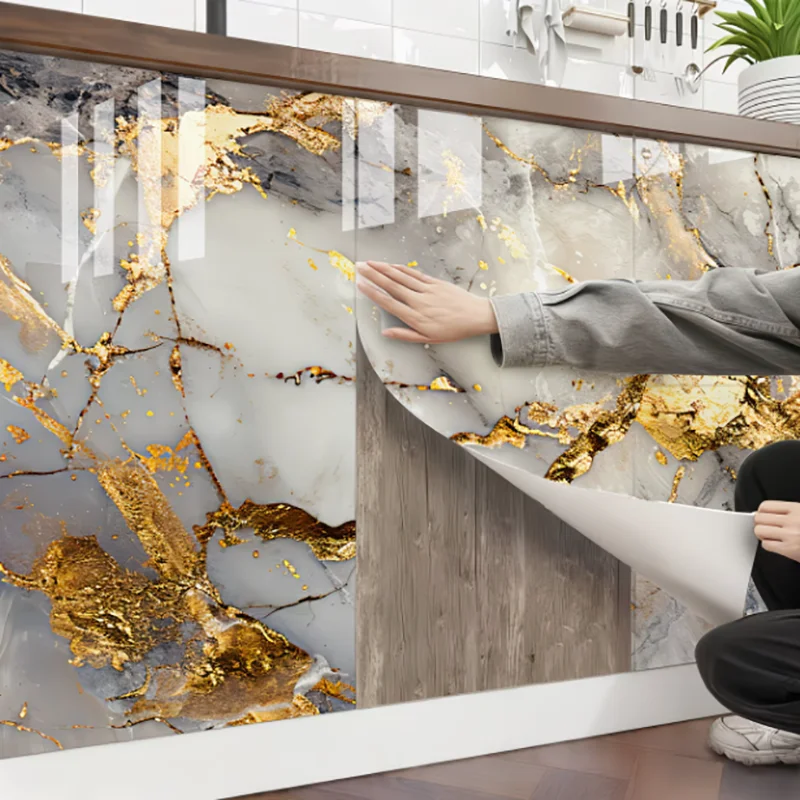 Self‑Adhesive Anti‑Scratch Golden Marble Oil‑Proof Film Waterproof Heat‑Resistant Anti‑Oil Removable Kitchen Wall Decor Sticker