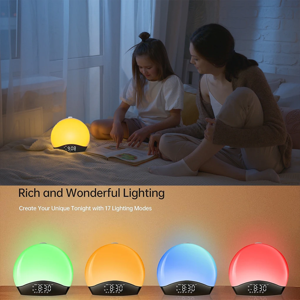 متعددة الوظائف على مدار الساعة الصحوة الاستيقاظ شروق الشمس ساعة تنبيه عكس الضوء النوم الموقت أضواء ليلية مع 3 حلقة 8 ضوء الليل 26 الصوت #3